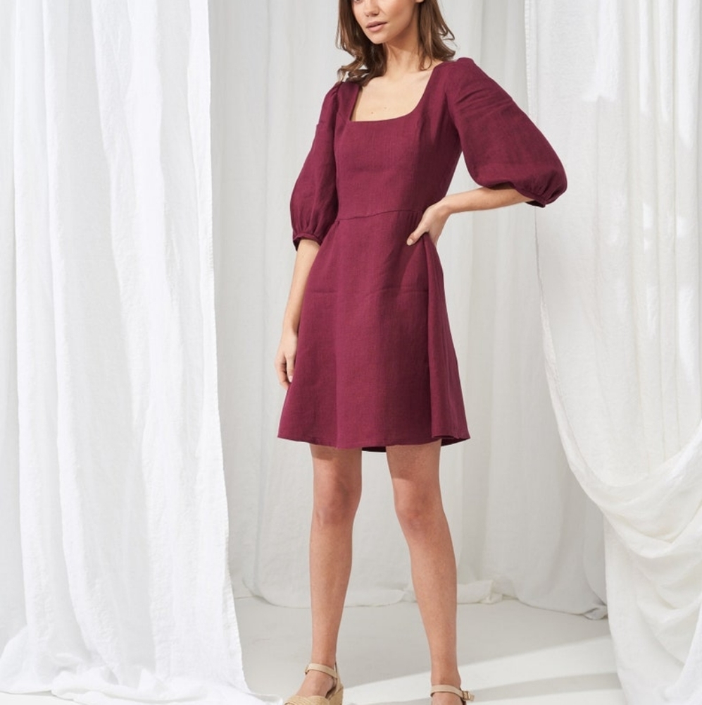 Linen Puff Sleeve Dress Light Gray